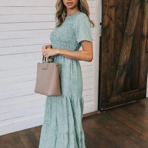 Sage Green Floral Maxi Dress with Smocked Bodice